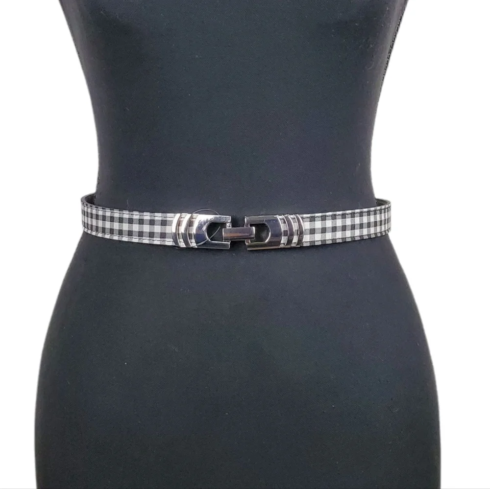 WHITE HOUSE BLACK MARKET Gingham Stretch Skinny Belt Silver Buckle
